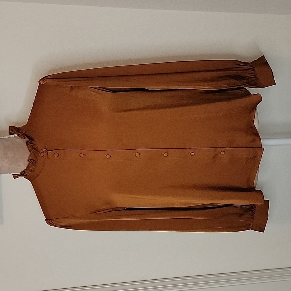 Banana Republic, Size S Rust/Copper High Ruffle Neck Long Sleeve Blouse, EUC